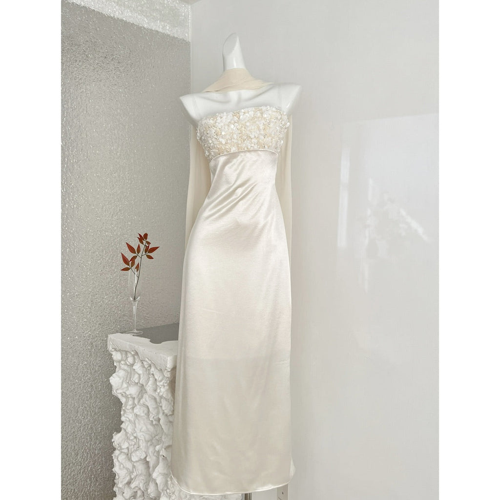 Champagne Sequin Maxi Dress For Women - Low-Cut Bodycon Evening Gown With Shawl, Glitzy Party Formal Long Dress