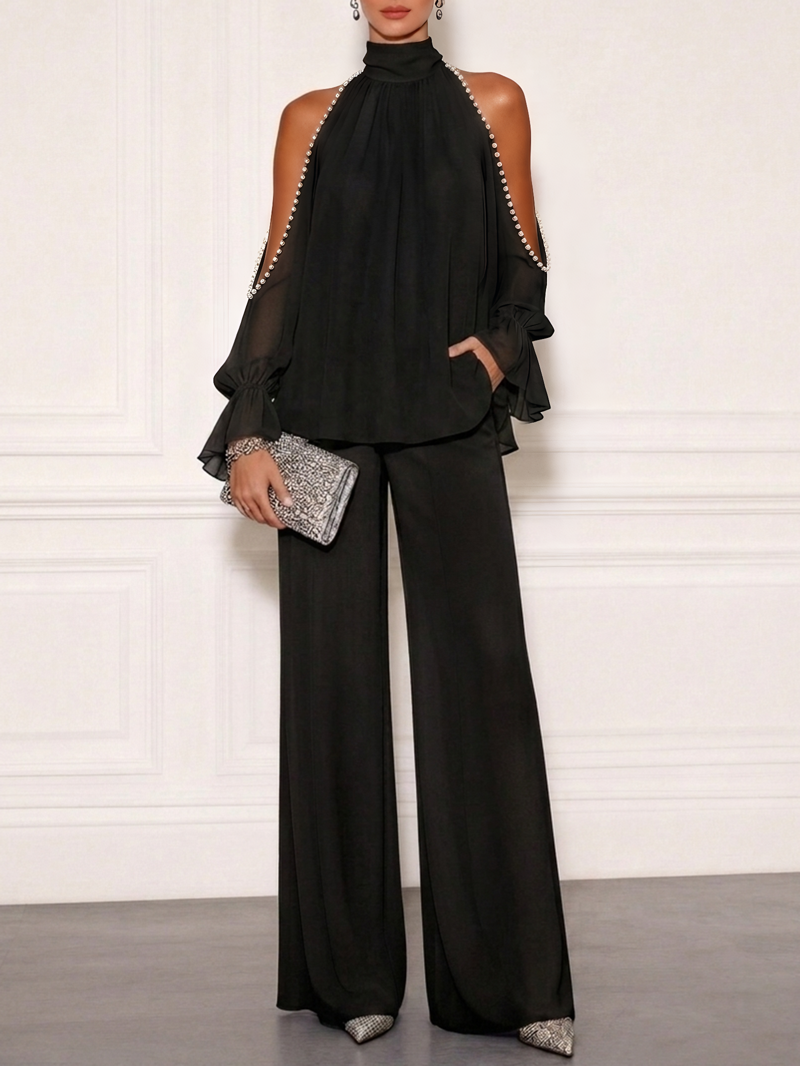 Women Black Faux Pearl Mock Neck Long Sleeve Off Shoulder Sleeve Dressy Top With Pants Two-Piece Set