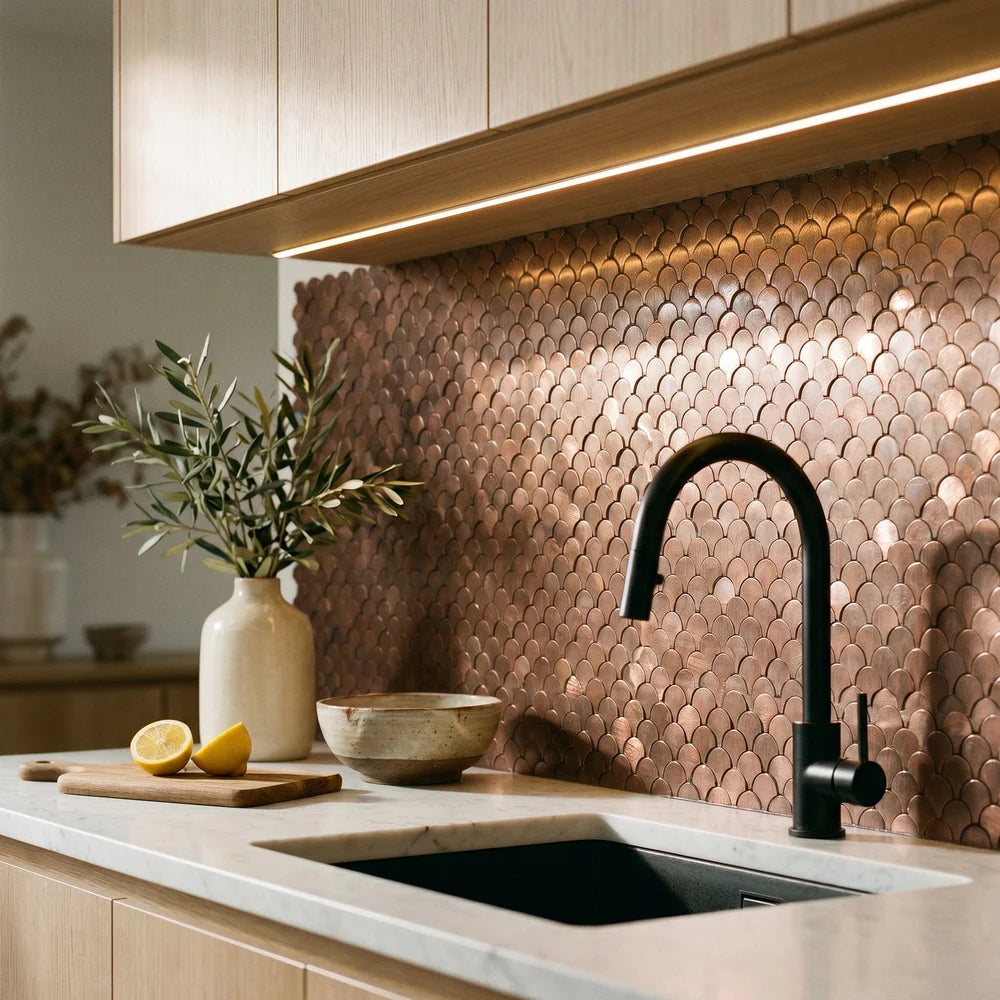 Peel and Stick Backsplash | Fish Scale 3D Dark Copper | 11.73×11.34"