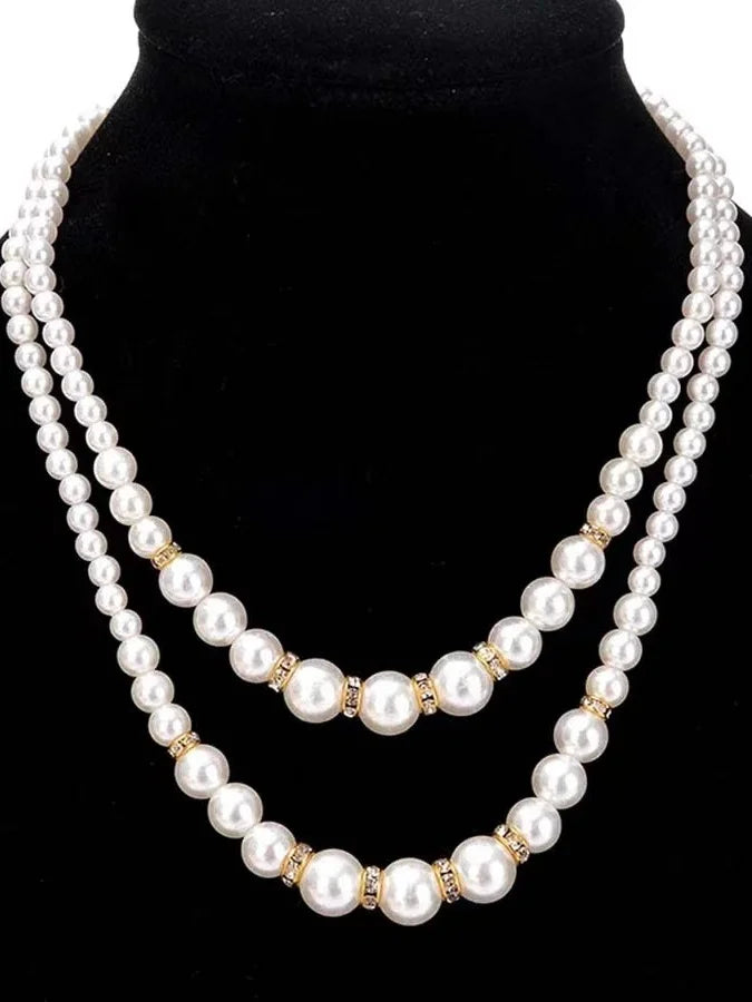 Fashion Imitation Pearl Beaded Necklace Temperament Diamond Double Layer Pearl Long Chain Necklace