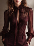Retro Elegant Lace Stand-up Collar Tie Neck Chiffon Blouse