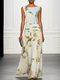 Light Blue Floral Ruched Classic Boat Neck Sleeveless A-Line Floor-length Gown Dress