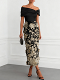 Black 3D Floral Applique Classic Off The Shoulder Short Sleeve Sheath Midi Dress