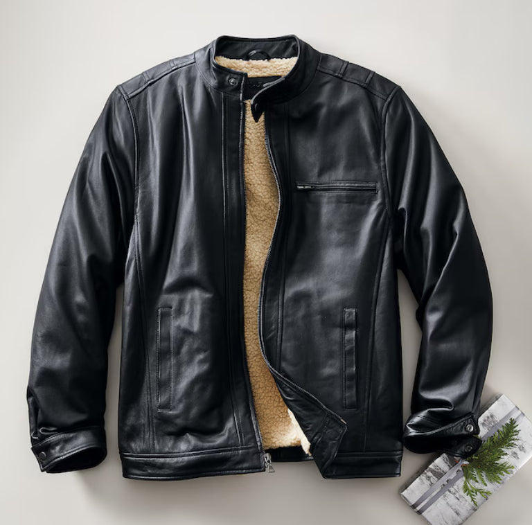 Sherpa-Lined Leather Coat