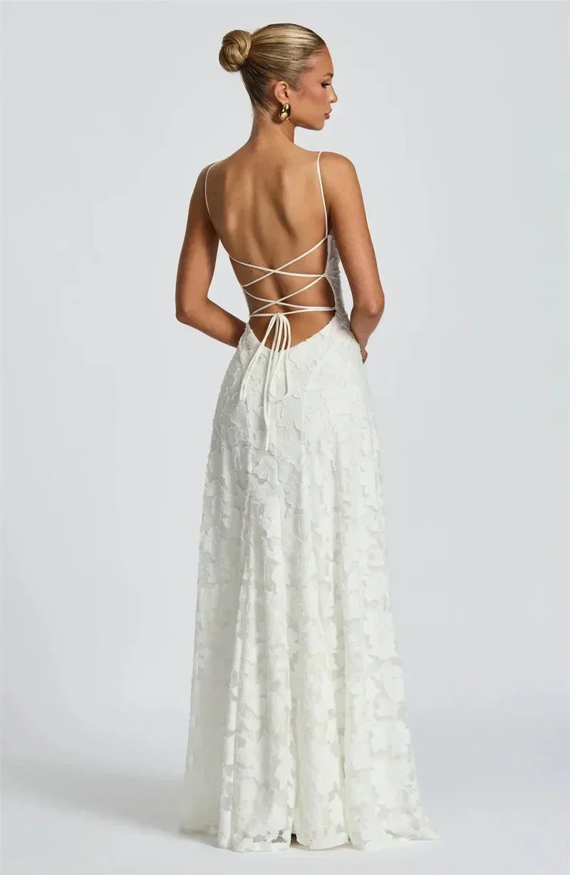 Mozision Spaghetti Strap Backless Sexy Maxi Dress Women Gown Fashion Off-shoulder Sleeveless Lace-up Evening Club Party Dress
