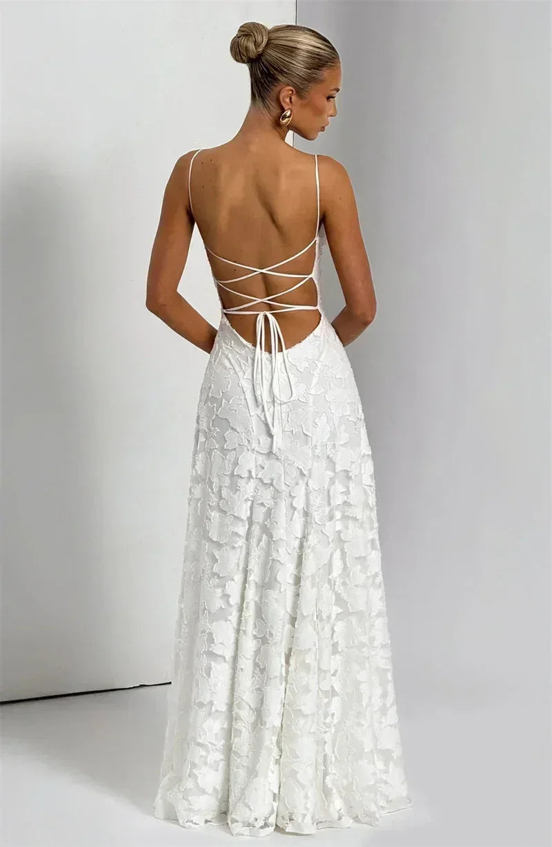 Mozision Spaghetti Strap Backless Sexy Maxi Dress Women Gown Fashion Off-shoulder Sleeveless Lace-up Evening Club Party Dress