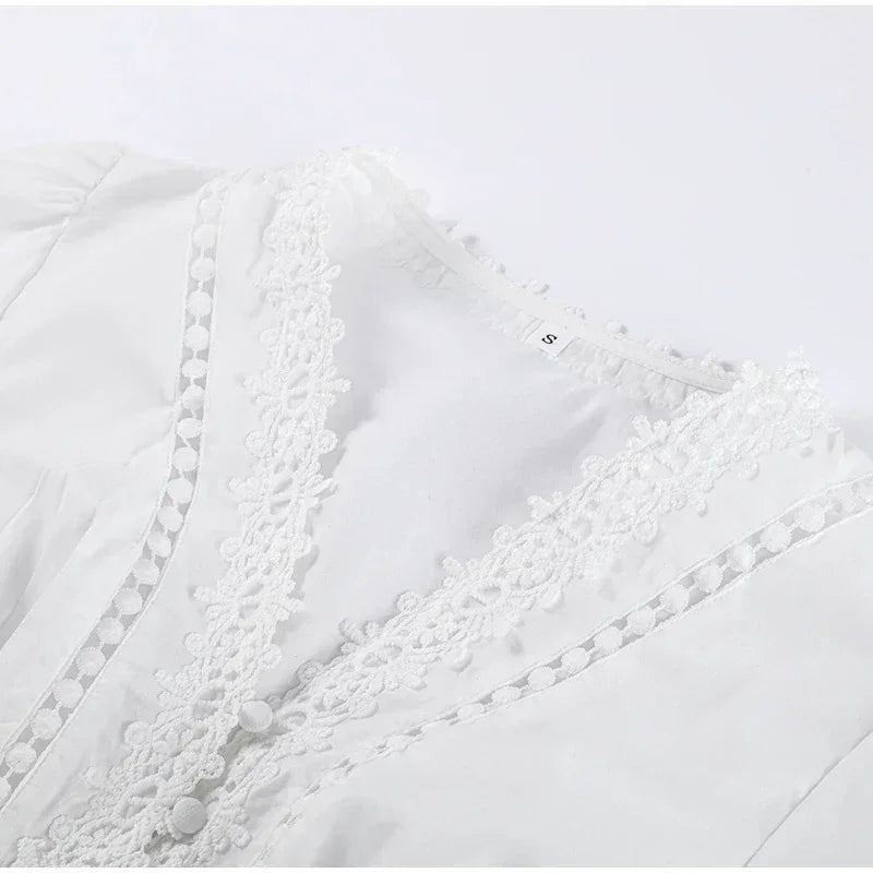 Elegant Lace Patchwork Hollow Out Dress Women Solid V-neck Long Lantern Sleeve Loose Dresses 2025 Spring Vacation Lady Robes