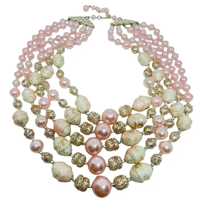 JAPAN signed vintage gold tone pink glass pearls beads designer necklace