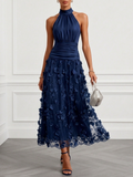Purplish Blue 3D Floral Appliqué Lace Halter Neck Sleeveless A-Line Maxi Dress