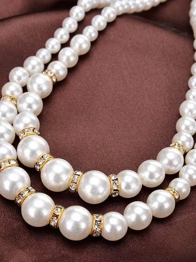Fashion Imitation Pearl Beaded Necklace Temperament Diamond Double Layer Pearl Long Chain Necklace