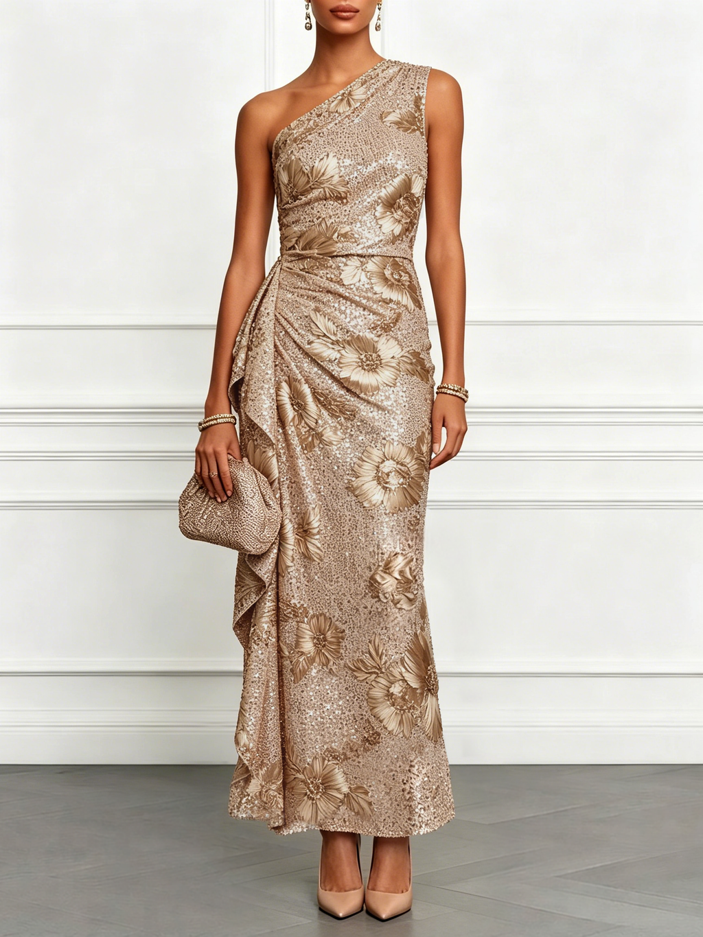 Champagne Jacquard Sequin One Shoulder Sleeveless Mermaid Maxi Dress