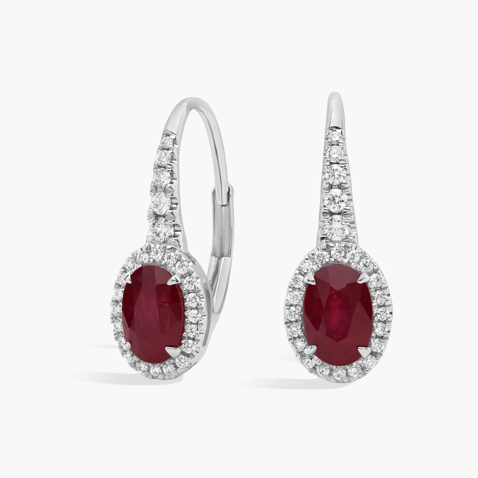 Oval Ruby and Diamond Drop Earrings in 18K White Gold