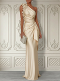 Champagne 3D Floral Ruched Satin One Shoulder Sleeveless Sheath Floor-length Gown Dress