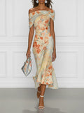 Light Blue Floral Classic Off The Shoulder Short Sleeve Mermaid Midi Dress