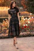 Elegant Short Sleeve Midi Lace Formal Cocktail Dress