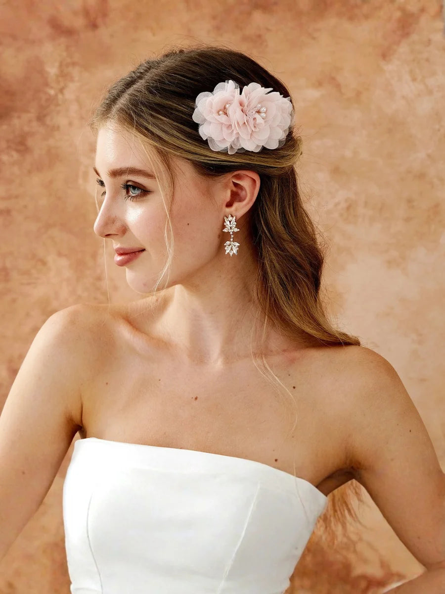 Handmade Beautiful Pink Pearl Mesh Flower Bridesmaid Hair Comb
