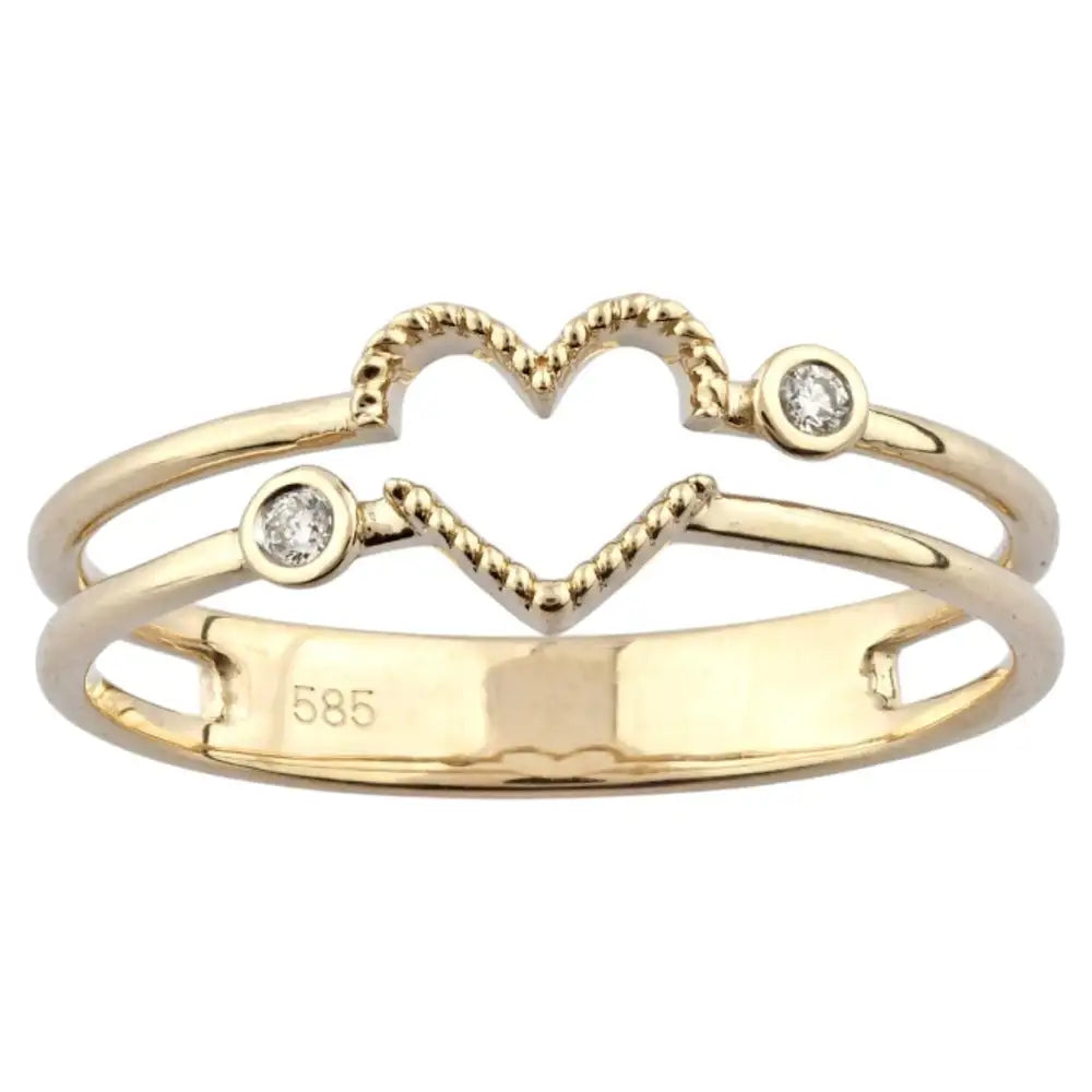 14K Yellow Gold Round Cut Diamond Beaded Open Heart Double Band Ring