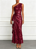 Champagne Jacquard Sequin One Shoulder Sleeveless Mermaid Maxi Dress