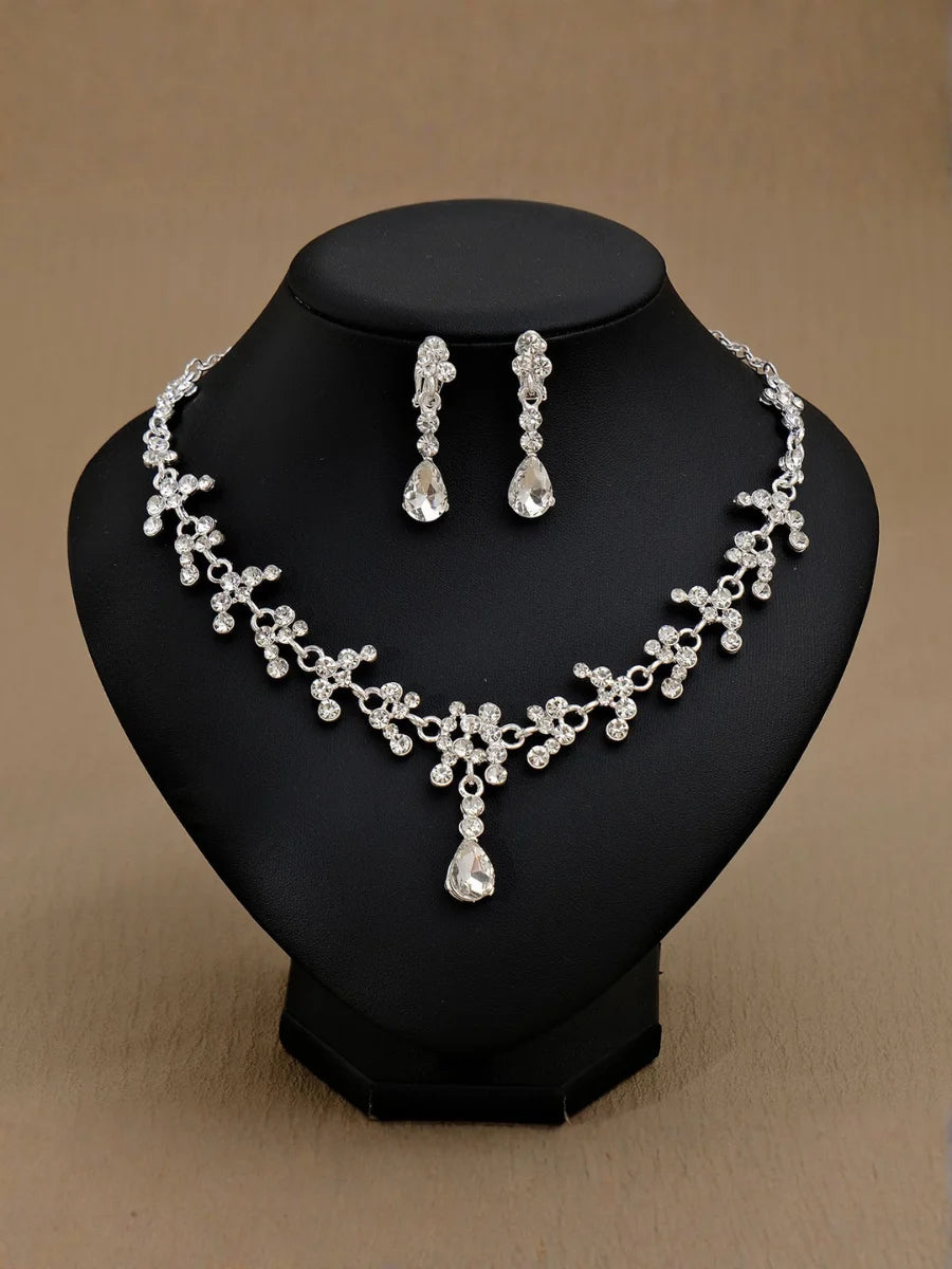 Women's Wedding Dress Alloy Electroplated Rhinestone Pearl Earrings Necklace Jewelry Set (Two Pieces)
