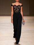 Women Black Lace Off The Shoulder Short Sleeve Dressy Jumpsuit