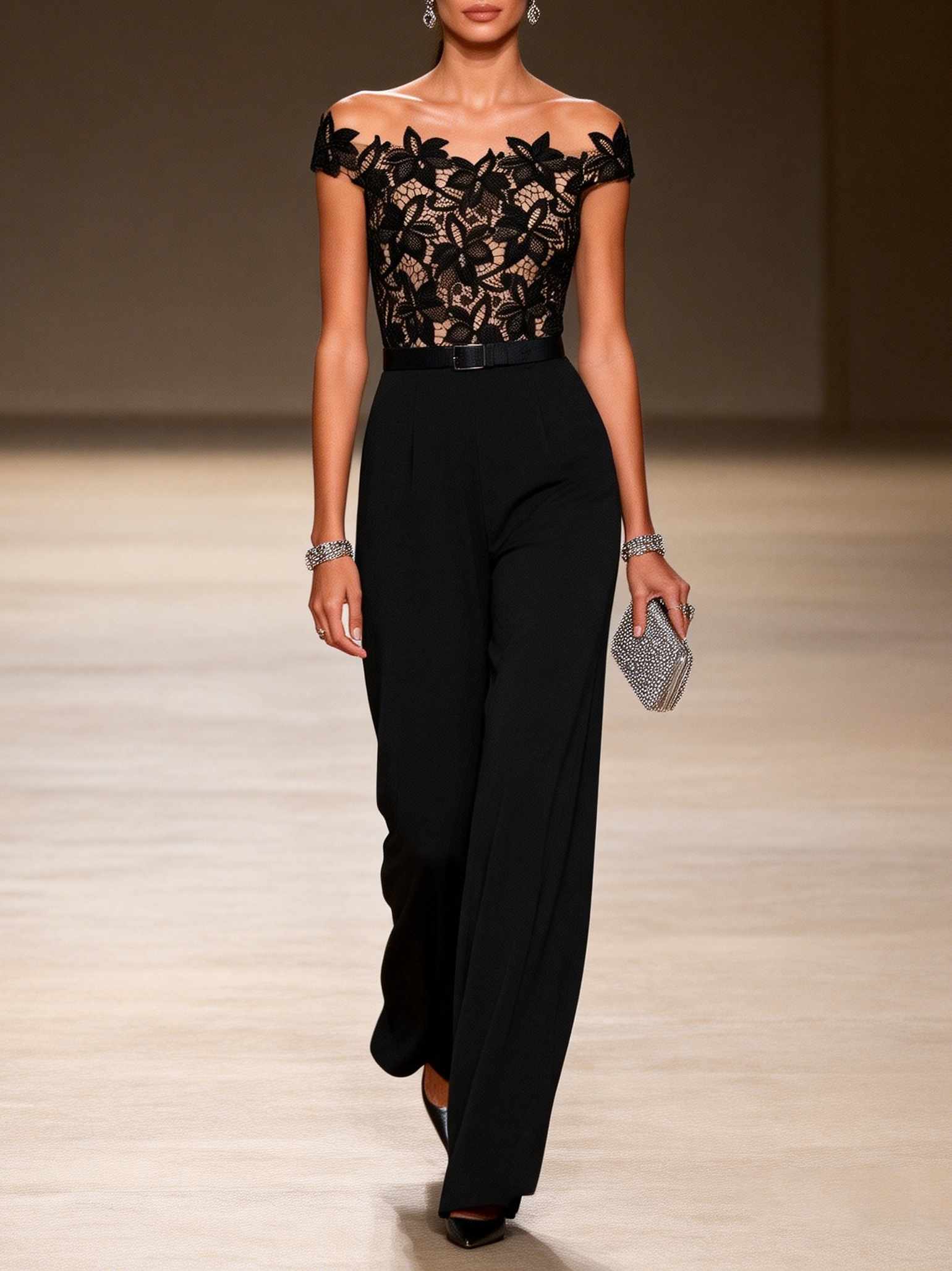 Women Black Lace Off The Shoulder Short Sleeve Dressy Jumpsuit