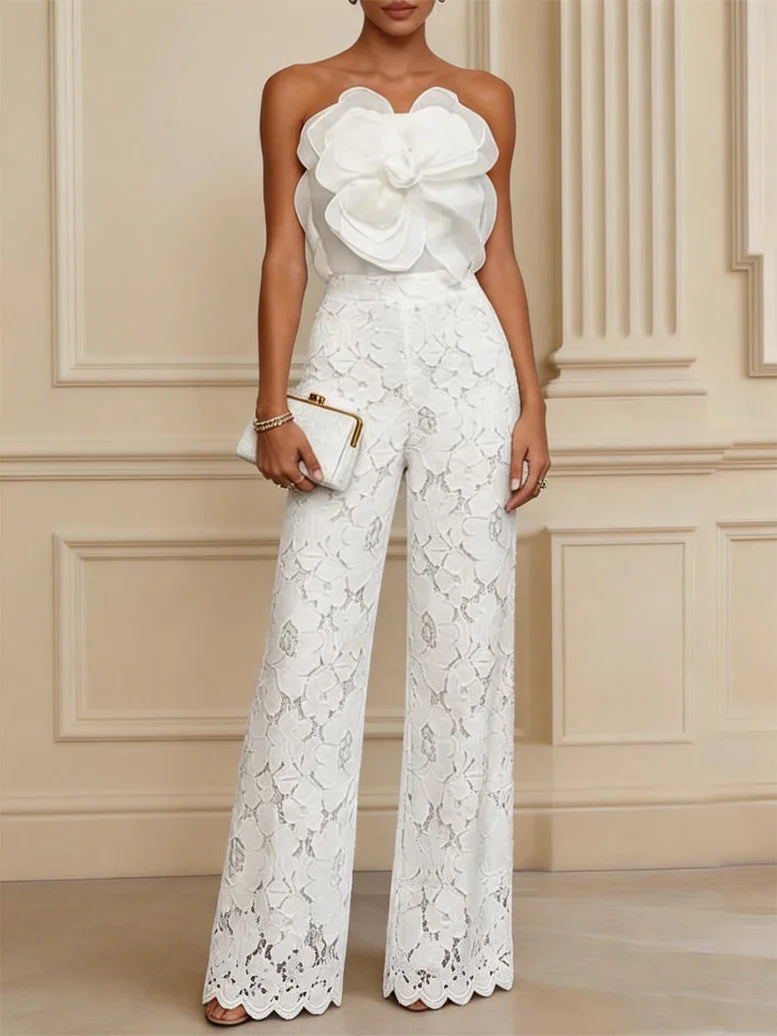 Women White 3D Floral Lace Strapless Sleeveless Elegant Top With Pants Two-Piece Set