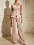 Women Pink 3D Floral Square Neck Sleeveless Dressy Top With Pants Two-Piece Set