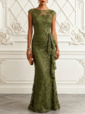 Army Green Glitter Ruffled Sequin Boat Neck Sleeveless Mermaid Gown Dress