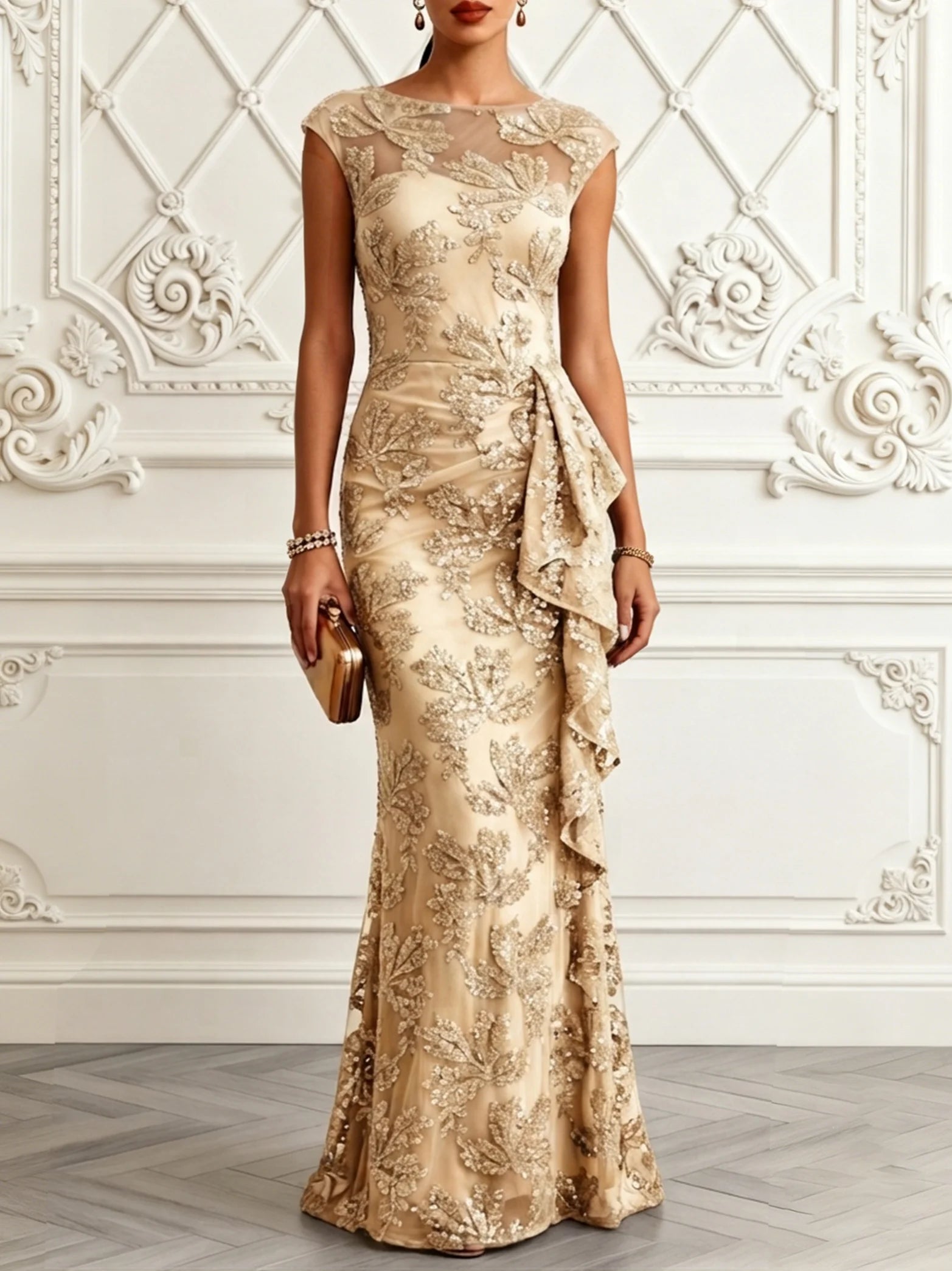 Army Green Glitter Ruffled Sequin Boat Neck Sleeveless Mermaid Gown Dress