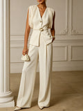 Women White V Neck Sleeveless Elegant Coat With Pants Two-Piece Set