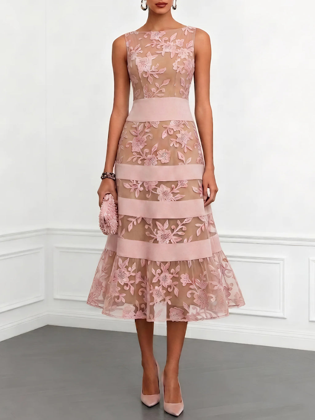 Black Mesh Lace Jacquard Boat Neck Sleeveless A-Line Midi Dress