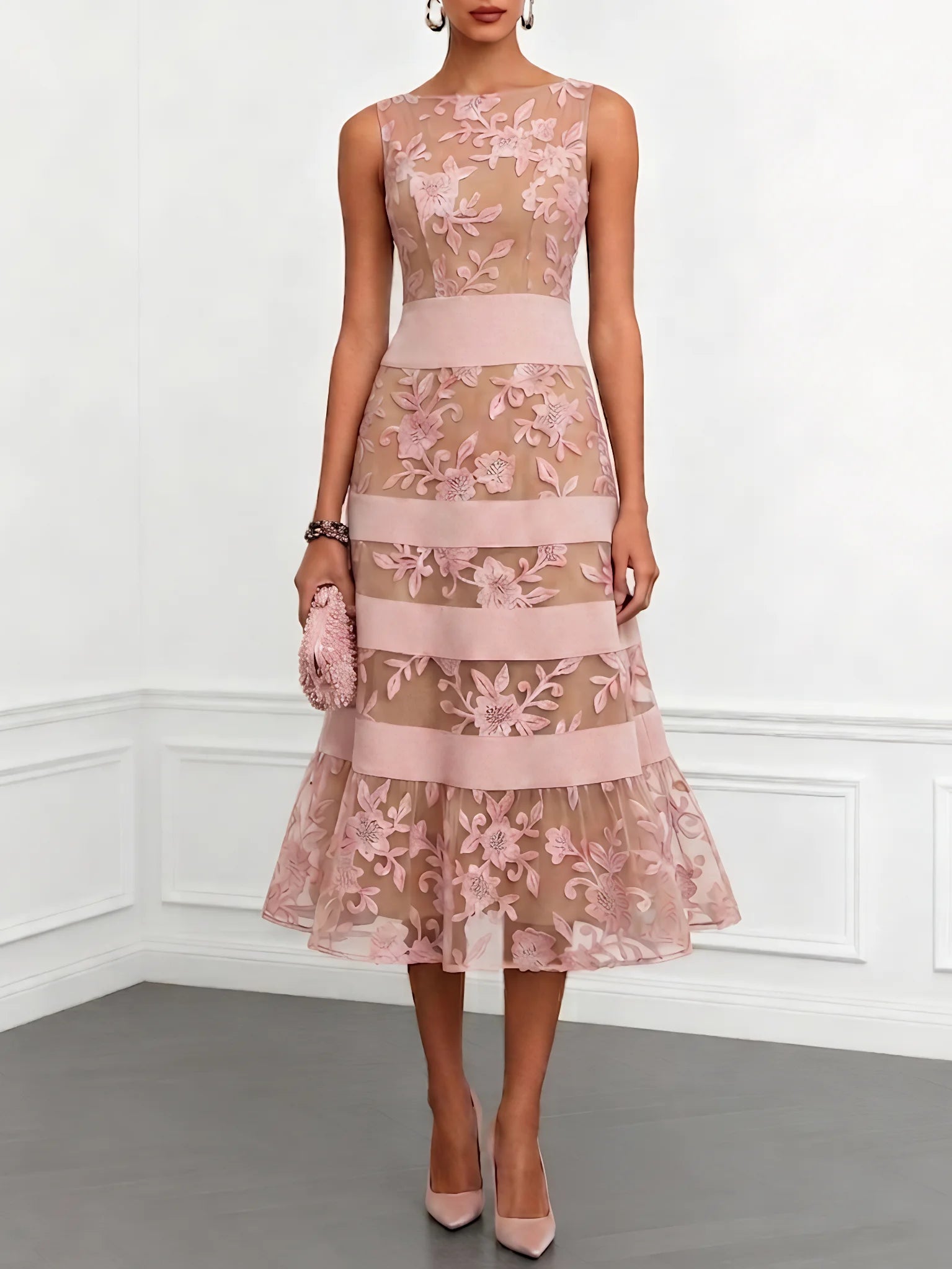 Black Mesh Lace Jacquard Boat Neck Sleeveless A-Line Midi Dress