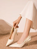 Elegant Bridal Glamour Satin Diamond Pearl Floral Pointed-toe Wedding Shoes