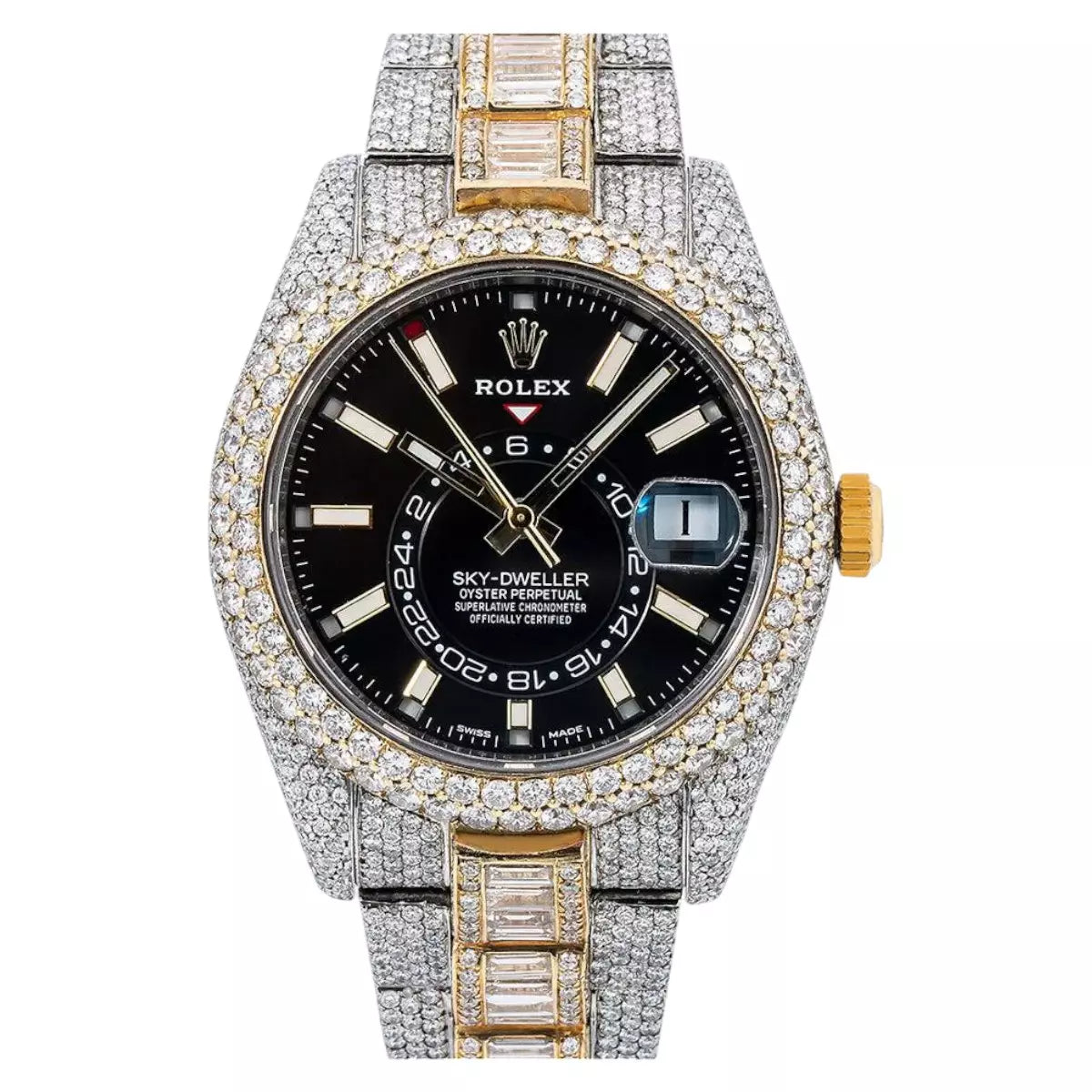 Men's Iced Out Diamond Watch | Two-Tone | Rolex Sky Dweller | 42mm | Round Baguette Diamond Bracelet | 31.5ct