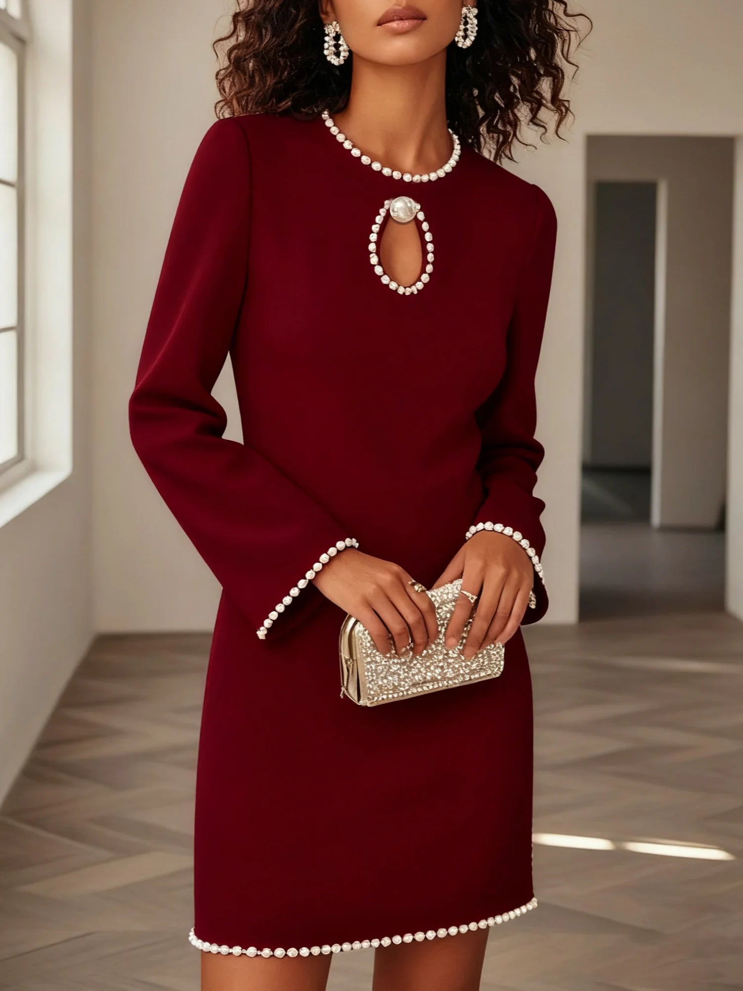Black Faux Pearl Cut Out Classic Crew Neck Long Sleeve Sheath Mini Dress