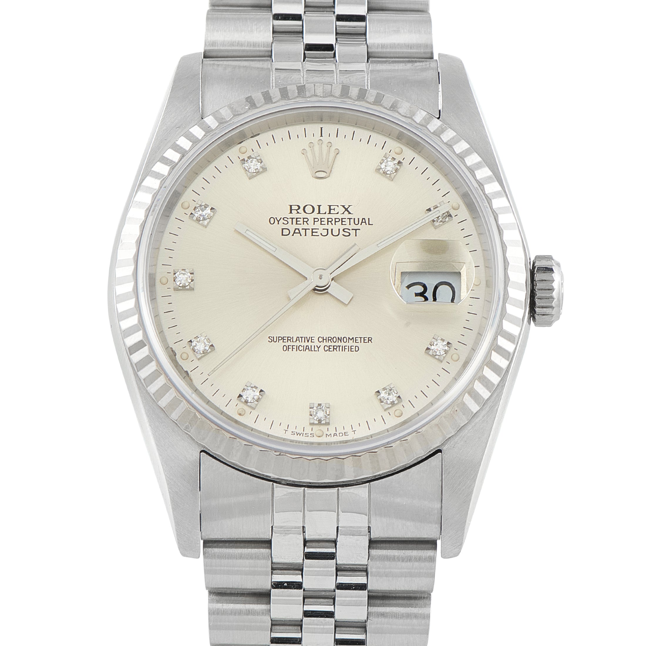 Rolex Datejust 36 Silver Diamond Dial Steel Jubilee Watch 16234