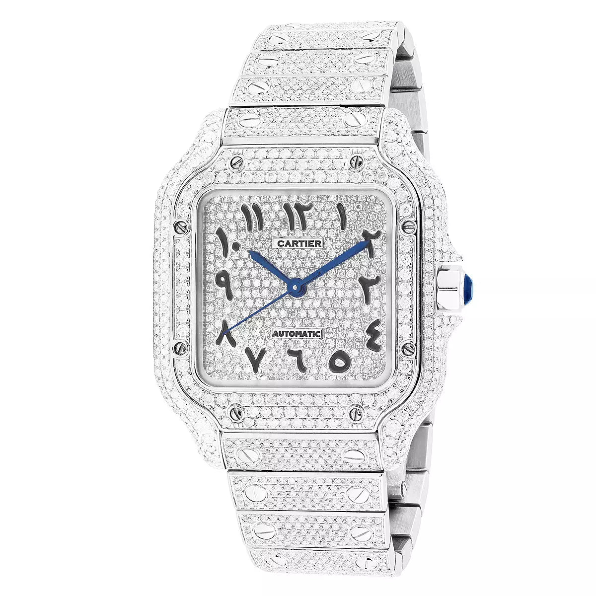Iced Out Cartier Santos Diamond Watch for Men & Women | 36mm | Arabic Numeral Dial | 17ct