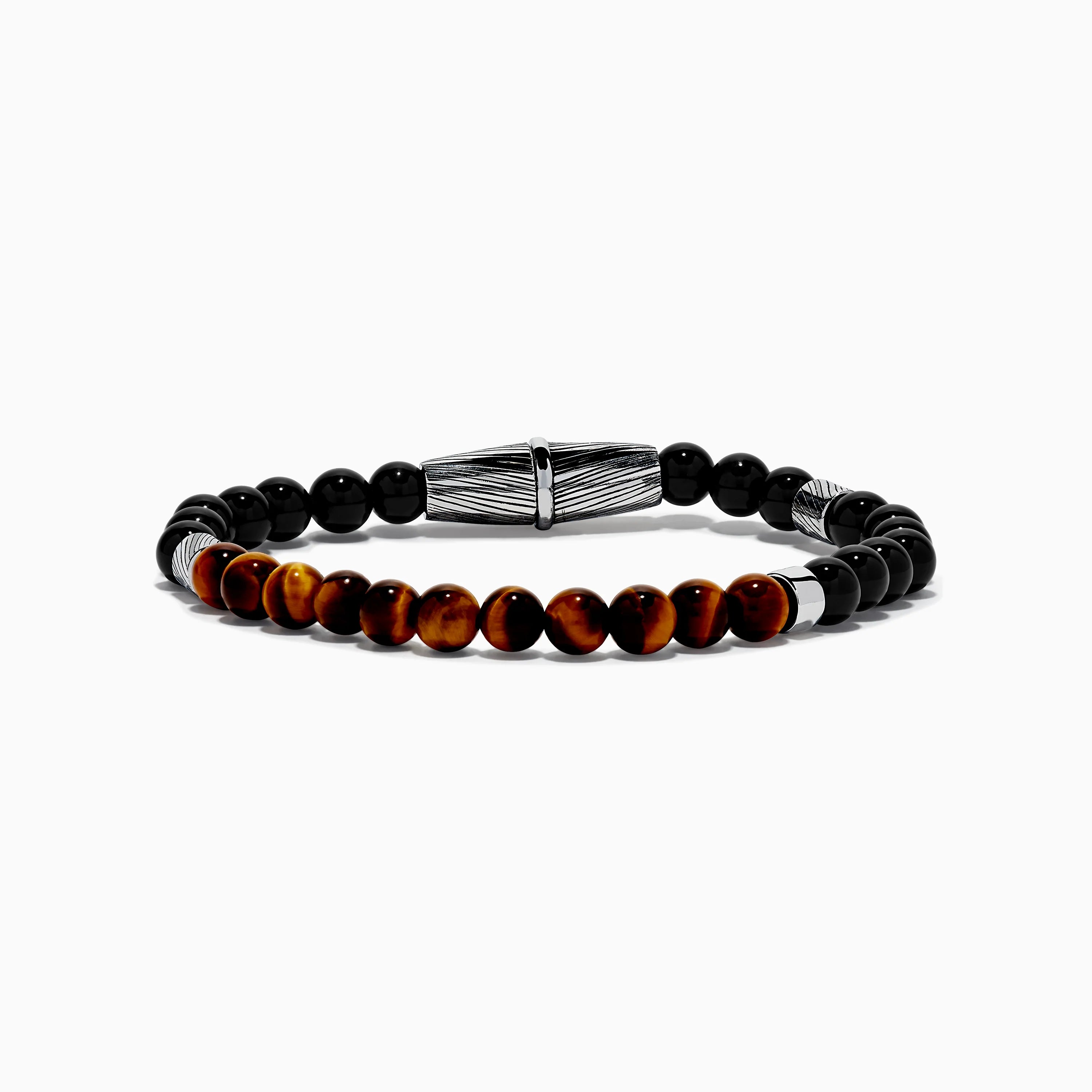 Men's 925 Sterling Silver Tiger's Eye and Onyx Beaded Bracelet