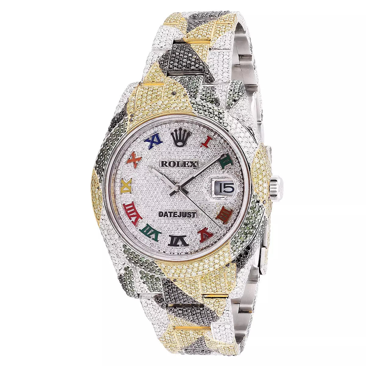 Iced Out Men's Diamond Watch | Rolex Datejust | 41mm | Oyster Bracelet | Multi-Color Diamond Bezel